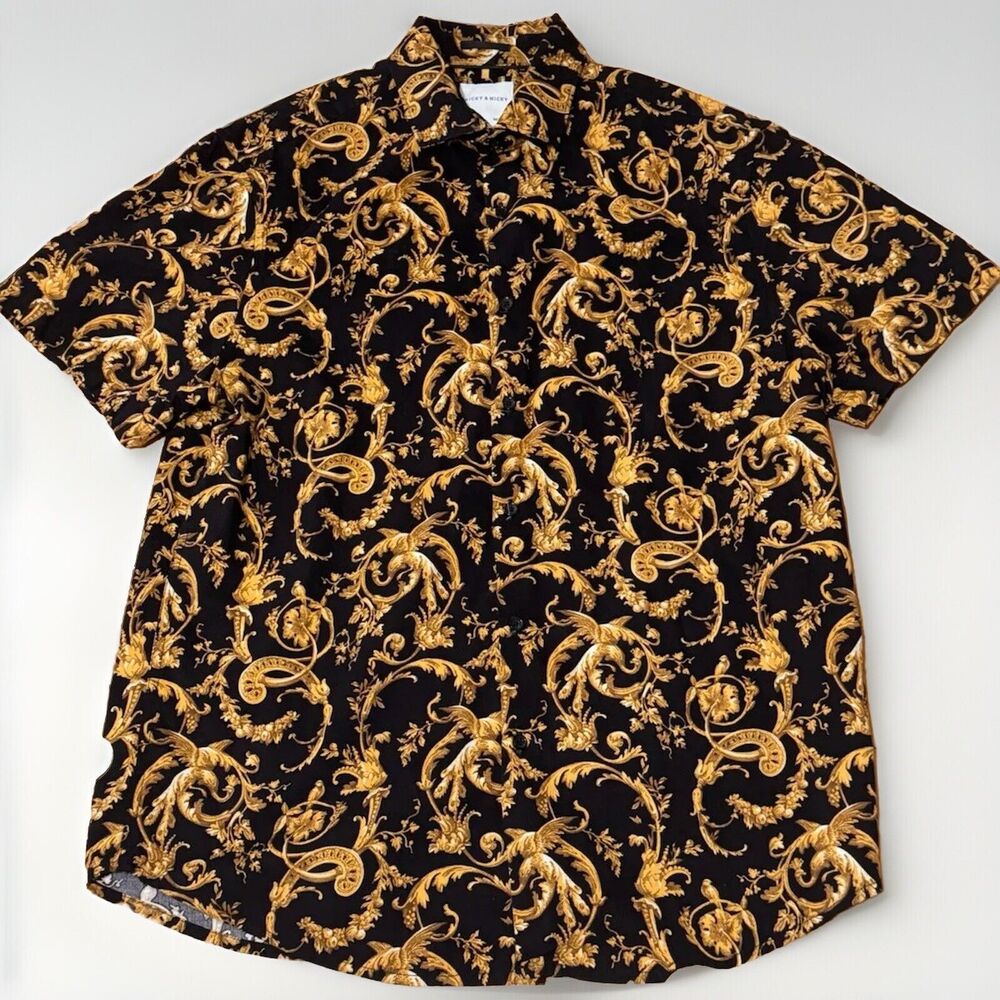 Ricky & Micky Black Gold Baroque Button Up Shirt Men’s L Short Sleeve Ornate